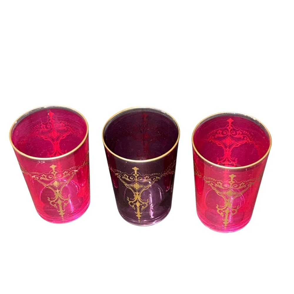 3 ARC Moroccan Tea Glasses Pink Purple Gold Filigree Ornate Boho Tumblers 4